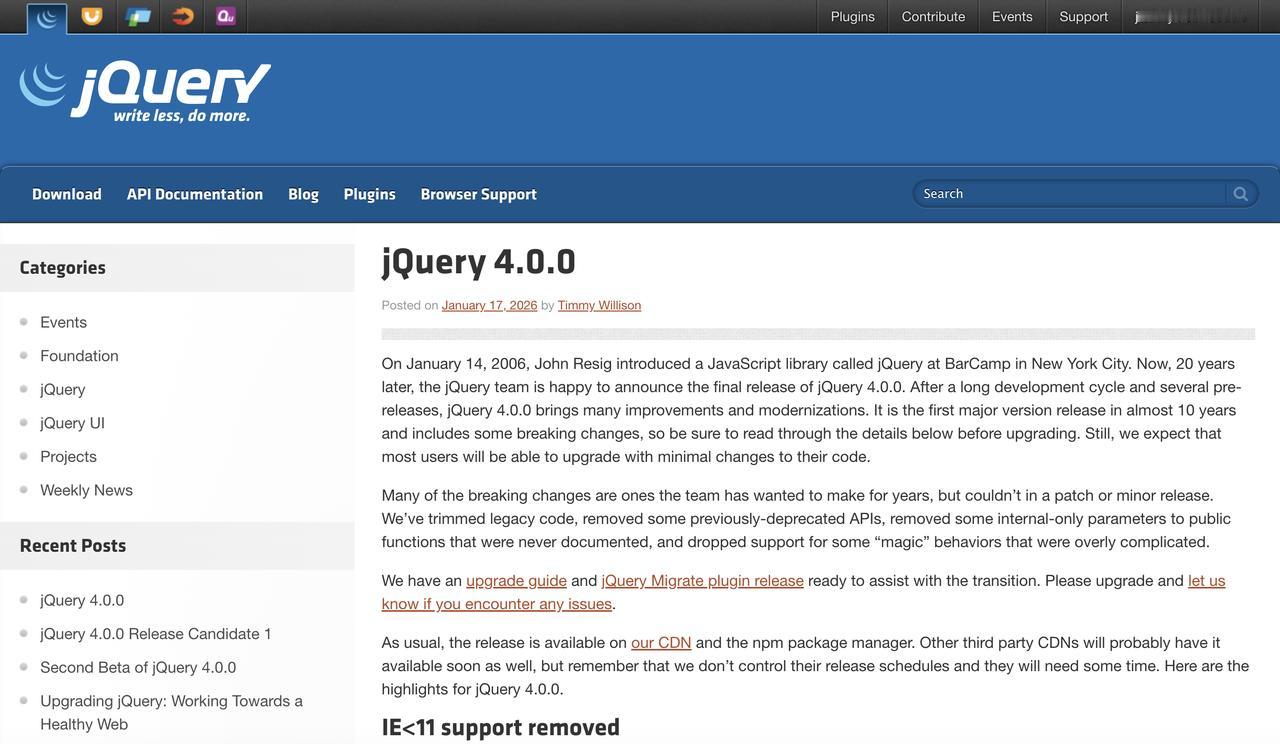 你敢相信，2026年jQuery 4.0.0版本居然GA了。。

2026年1月