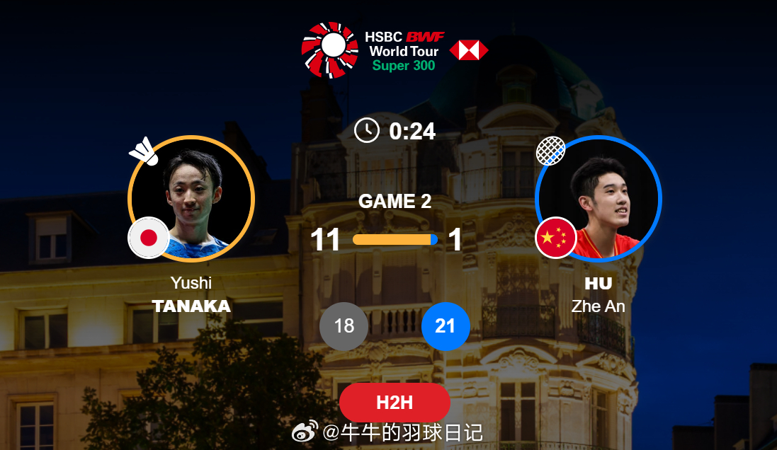 男单 1/8赛 田中涌士 18-21 11-1 胡哲安加油啊！！！！2026年奥