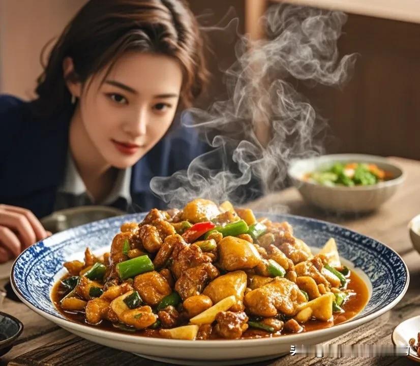 
大盘鸡，一道令人垂涎欲滴的美食。

其色泽鲜艳，红亮的汤汁中，鸡肉鲜嫩多汁，土