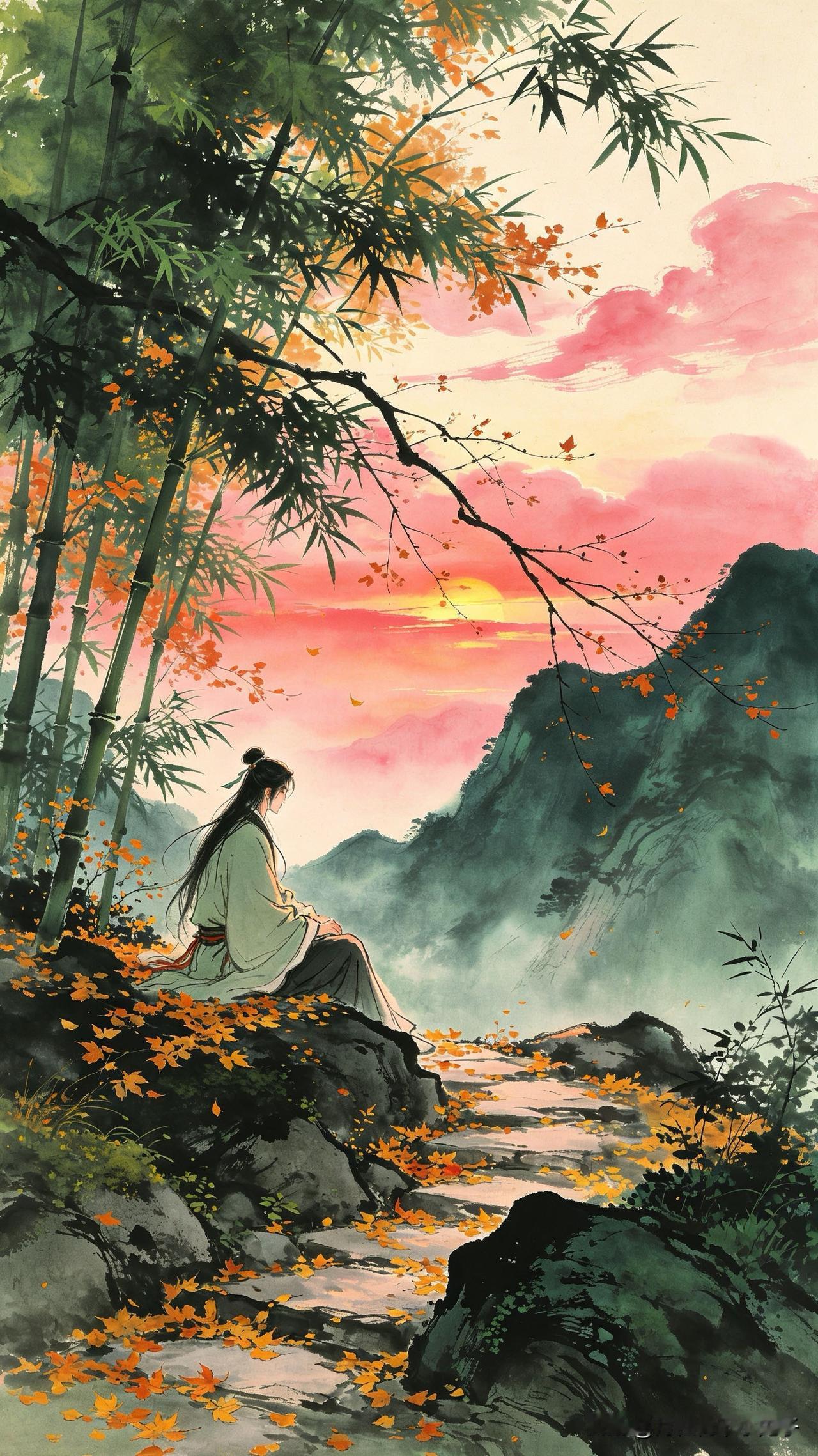 黄叶纷飞竹影凉，
独坐山边对暮光。
远山衔日沉霞色，
      
…………请师