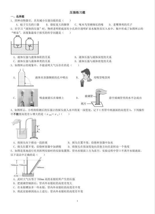 中考物理 长沙物理 湖南物理 压强练习题  3月