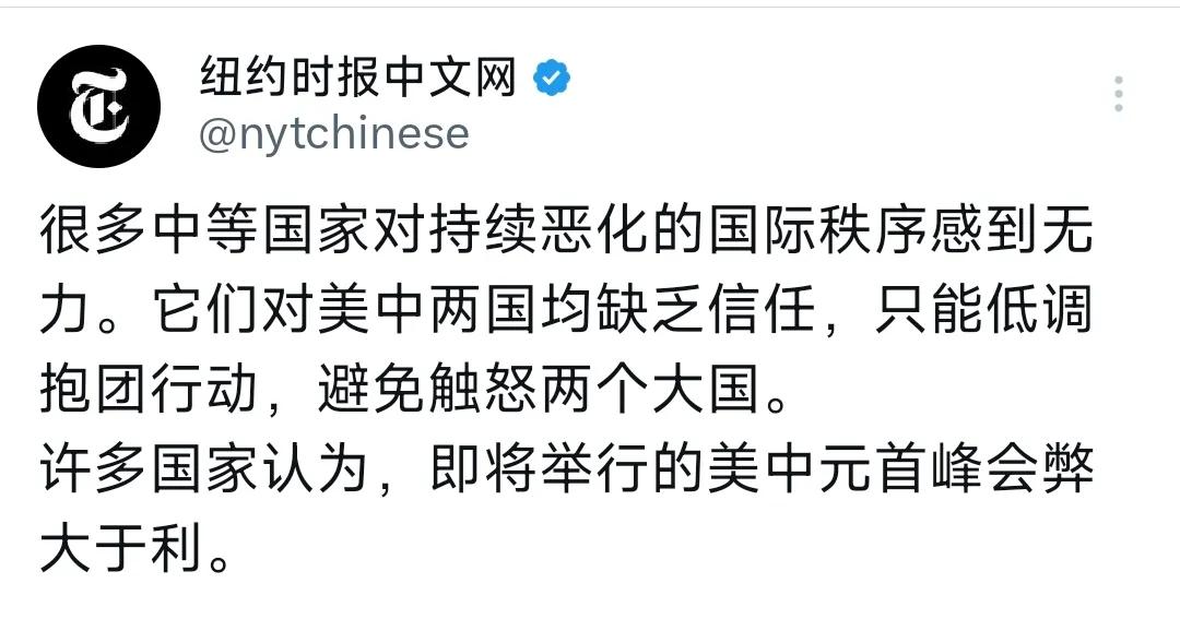 谁在说中美元首峰会弊大于利？
纽约时报中文网写道：“很多中等国家对持续恶化的国际