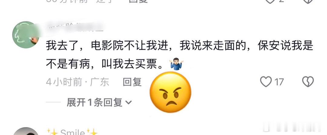 观众：喵喵的！原来去支持电影走面儿 不能进电影院啊还要买票啊🌿哎 观众真没面儿
