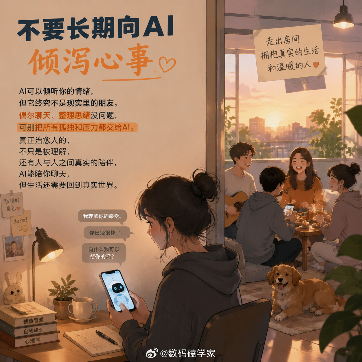 不要长期向AI倾泻心事AI可以倾听你的情绪，但它终究不是现实里的朋友。偶尔聊天、