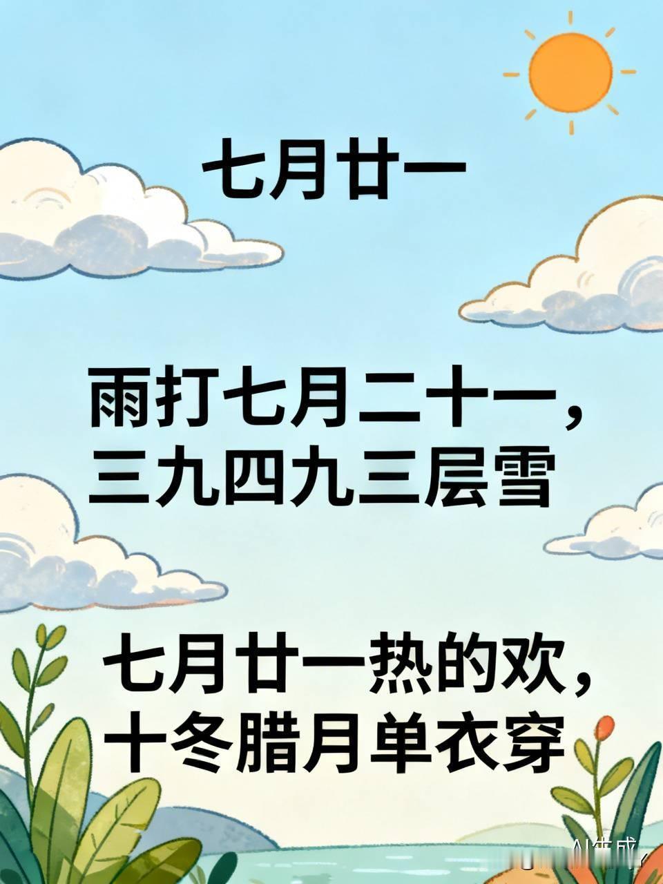 今天是七月二十一民间俗语有
靠老祖宗的天气暗号预判冬天冷暖
雨砸在七月二十一，三