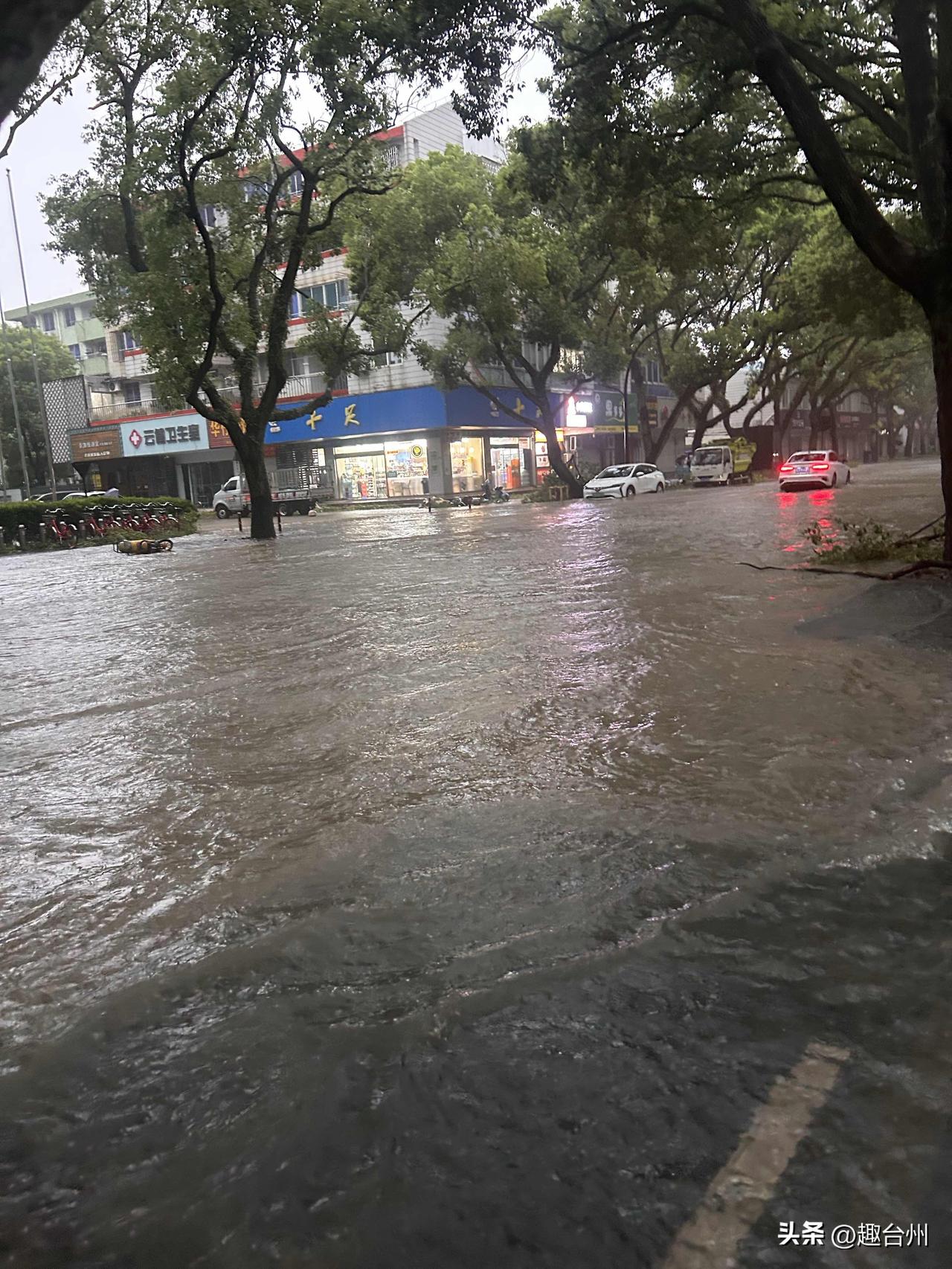 台风白海豚登陆台州，风雨交加轮渡路被水淹了。台风白海豚于8月9日17时30分前后