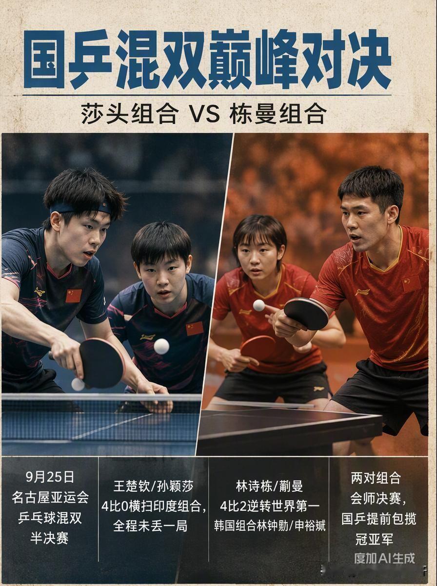 国乒混双在亚运会上的统治力到底有多强？9月25日晚两场半决赛打完，王楚软/孙颖莎