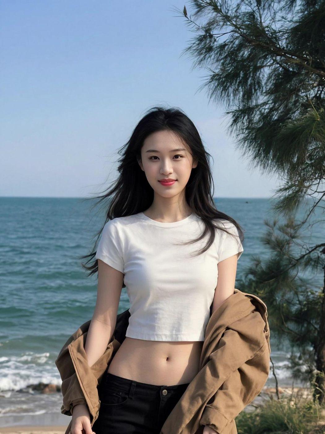 海风拂过发梢，浪花轻吻沙滩，那一刻，仿佛时间也放慢了脚步。她站在树影与碧波之间，