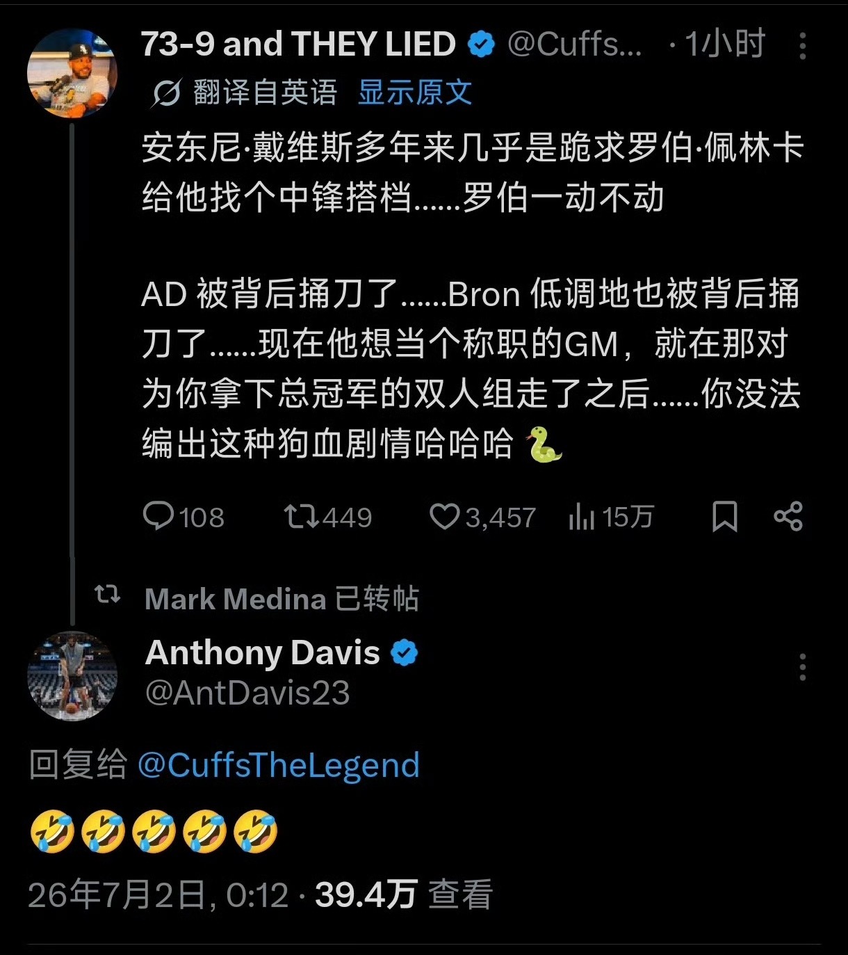 湖人能给我留下美好回忆的也只有詹眉了！ 浓眉 我的浓眉！