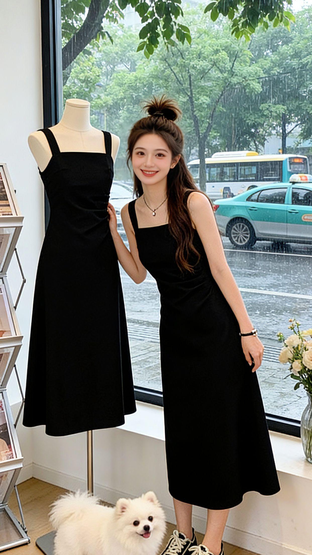 Danny的夏日全场景穿搭，被这条小黑裙狠狠拿捏。方领宽肩带不溜肩，腰侧褶皱刚好