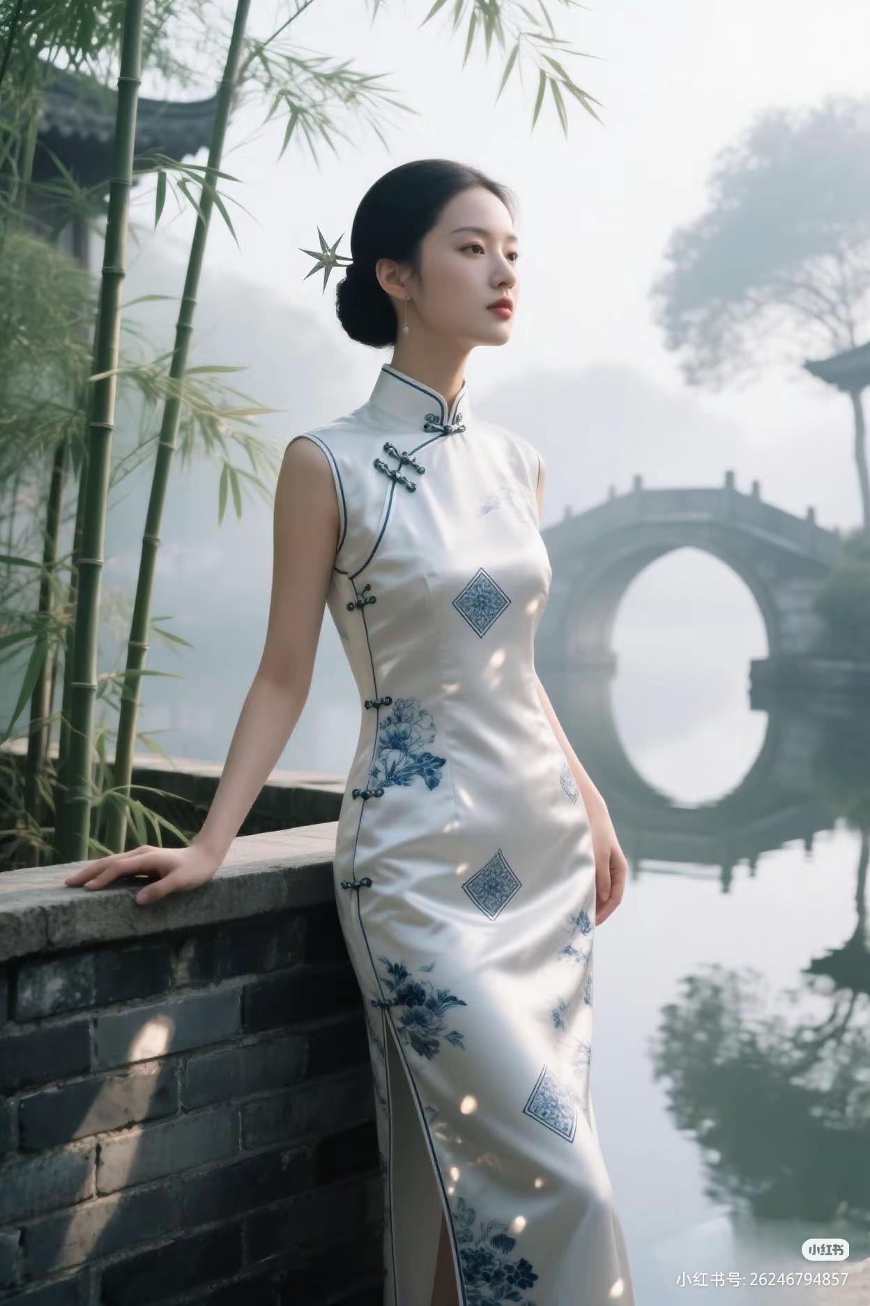 清江引·水乡倩影
雾遮横桥烟水漫，
竹影金钿乱。
素手抚石寒，
幽意随波远。
风