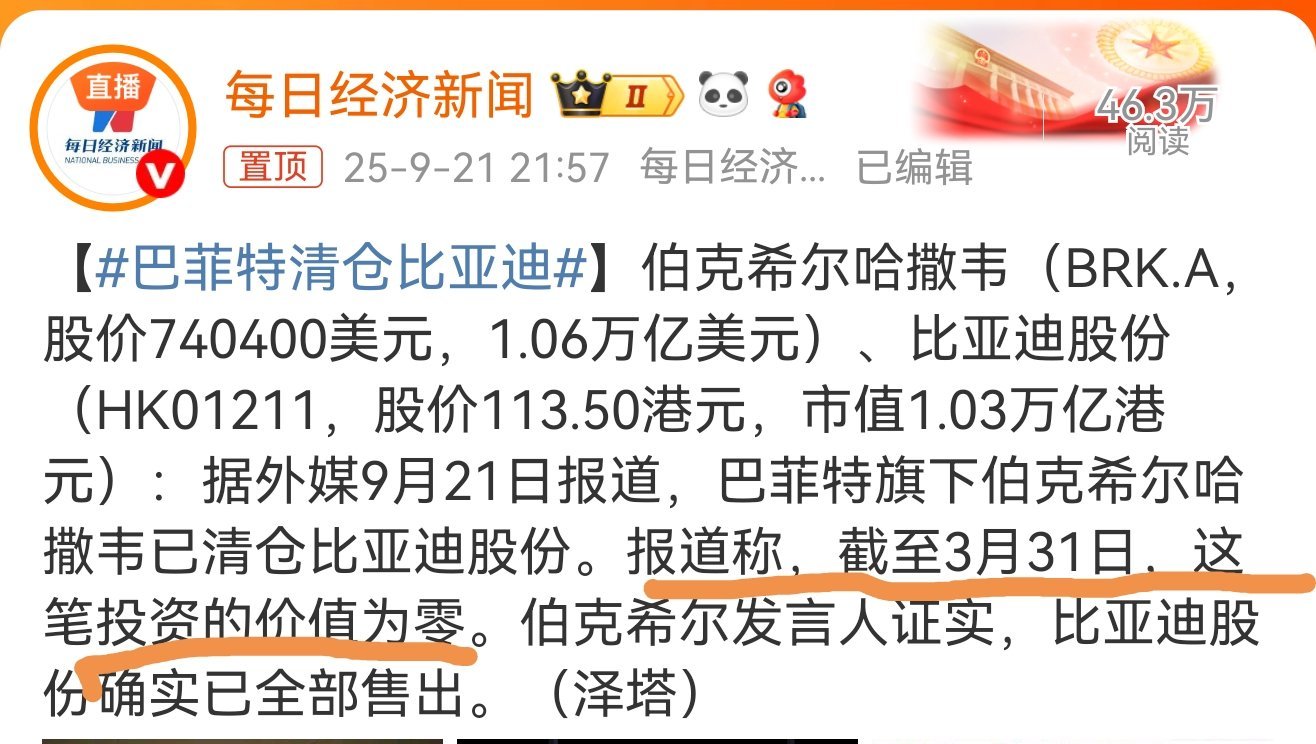 巴菲特清仓比亚迪不是一季度就清仓了吗？怎么现在才报道？又借老巴来压低比亚迪？老巴