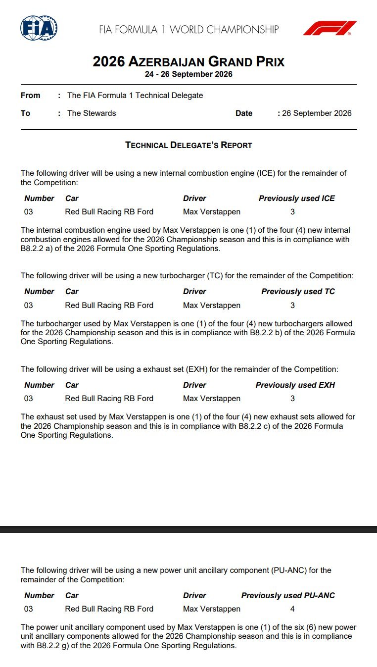 F1[超话]2026F1阿塞拜疆大奖赛 维斯塔潘更换了一台此前使用过的引擎 ​​