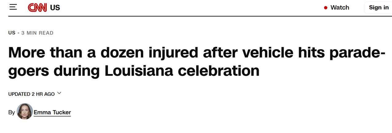 美国男子驾车冲撞游行人群，15人受伤，多人重伤
当地时间周六下午，路易斯安那州乡