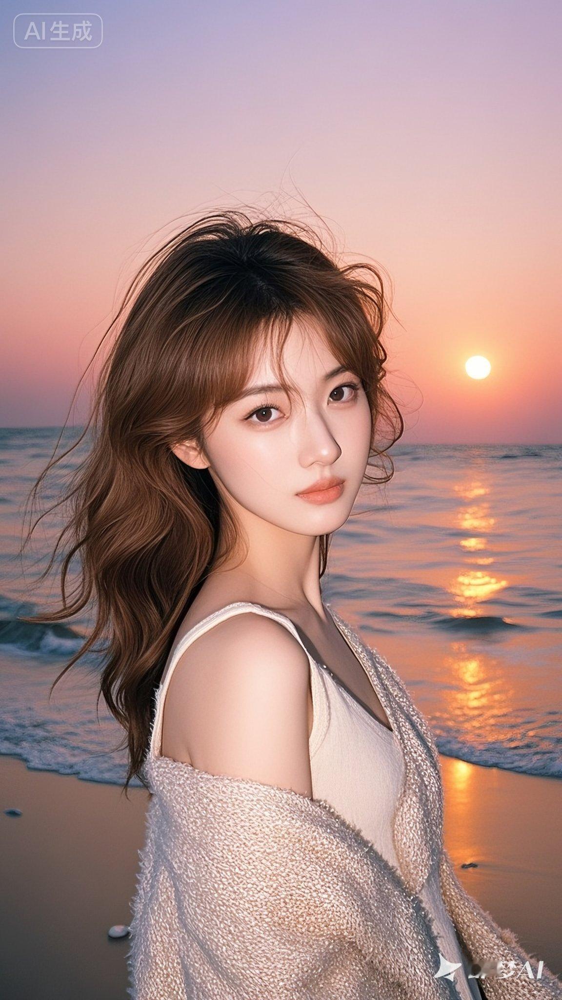 海边日落揉进发丝，柔纱与晚风轻拥。氛围感就扑面而来了，于是那橘色天际里，满是恰到