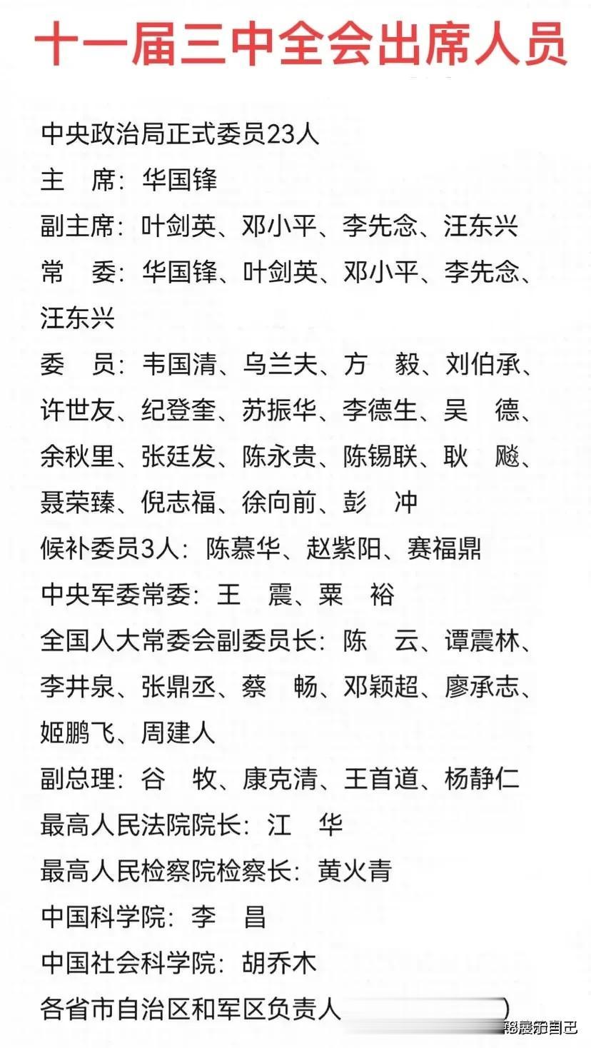 十一届三中全会参加人员一览表。
1978年12月18日-22日十一届三中全会在北
