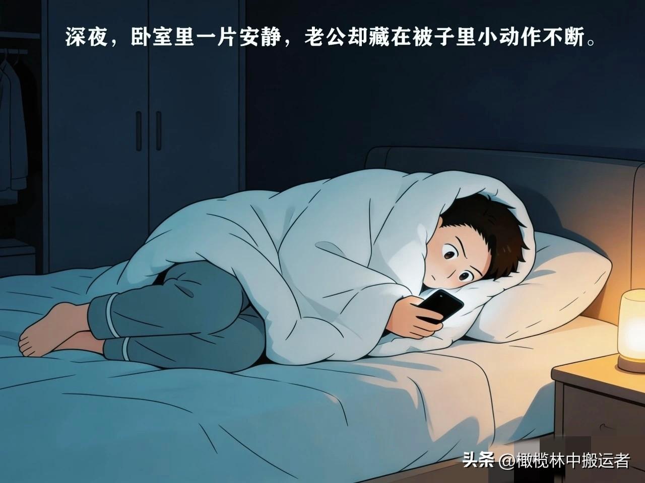 趣味漫画：老公深夜躲被窝玩手机，被老婆当场抓包：干嘛呢？老公：没...没干啥。女