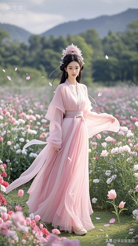 仙气飘飘的汉服少女，置身花海，如梦如幻