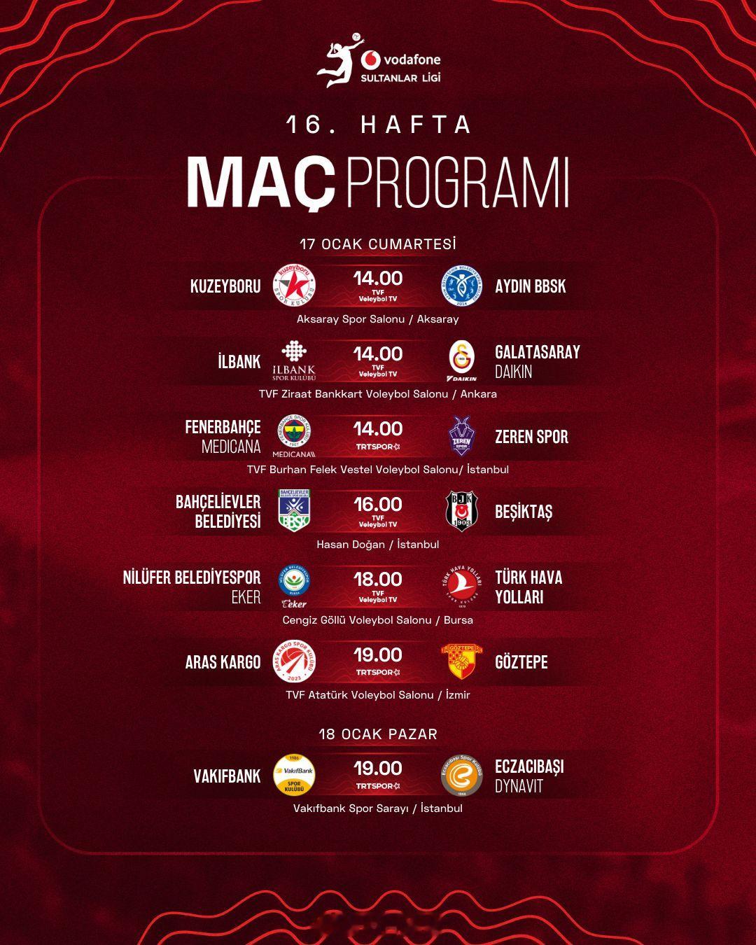 2025-2026女排土超 常规赛第16轮竞赛日程，图中所示时间是土耳其时间，+