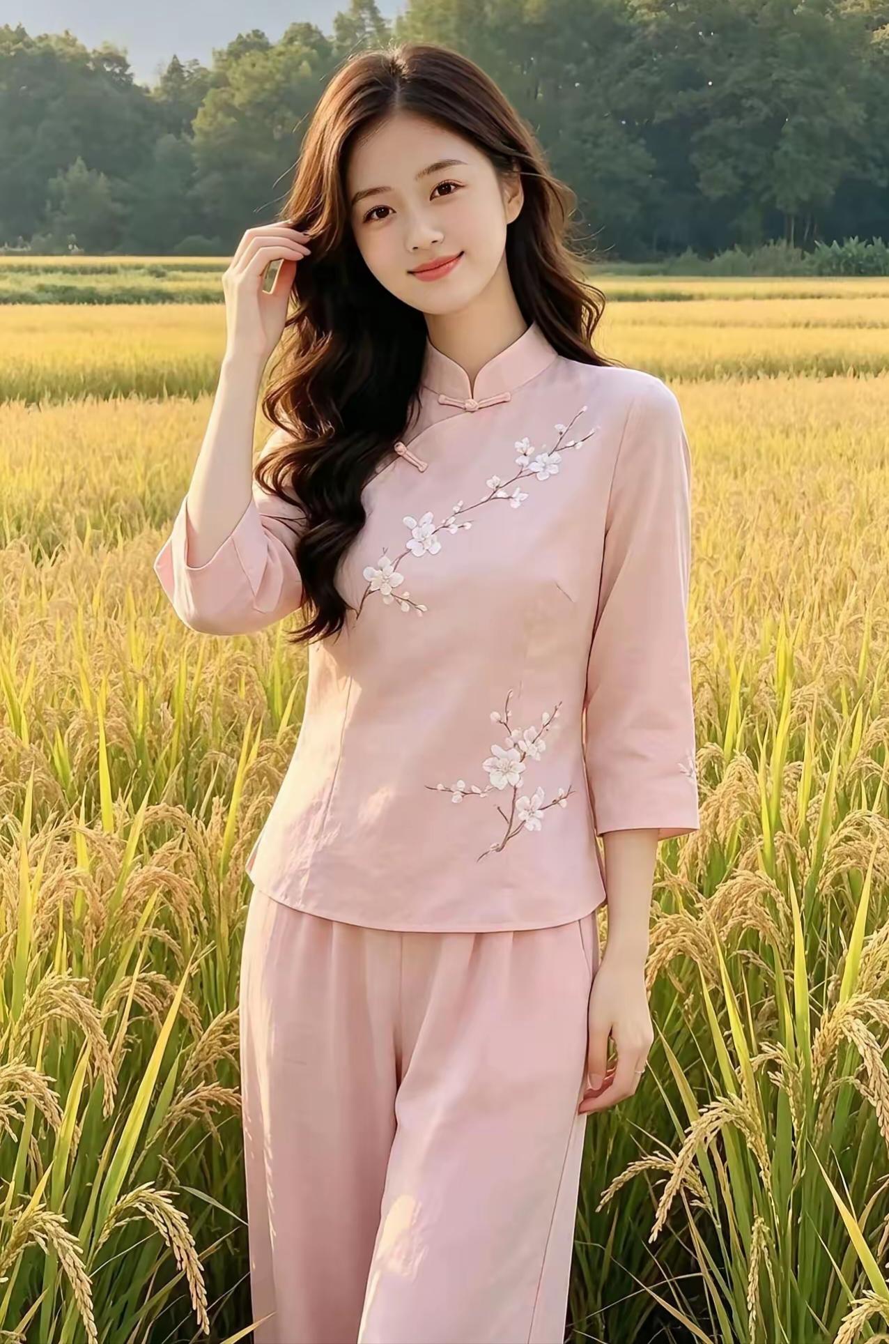 香飘十里稻花黄，
粉衣女郎立中央。
眼底温柔藏秋意，
田园美景伴容光。
 
稻田