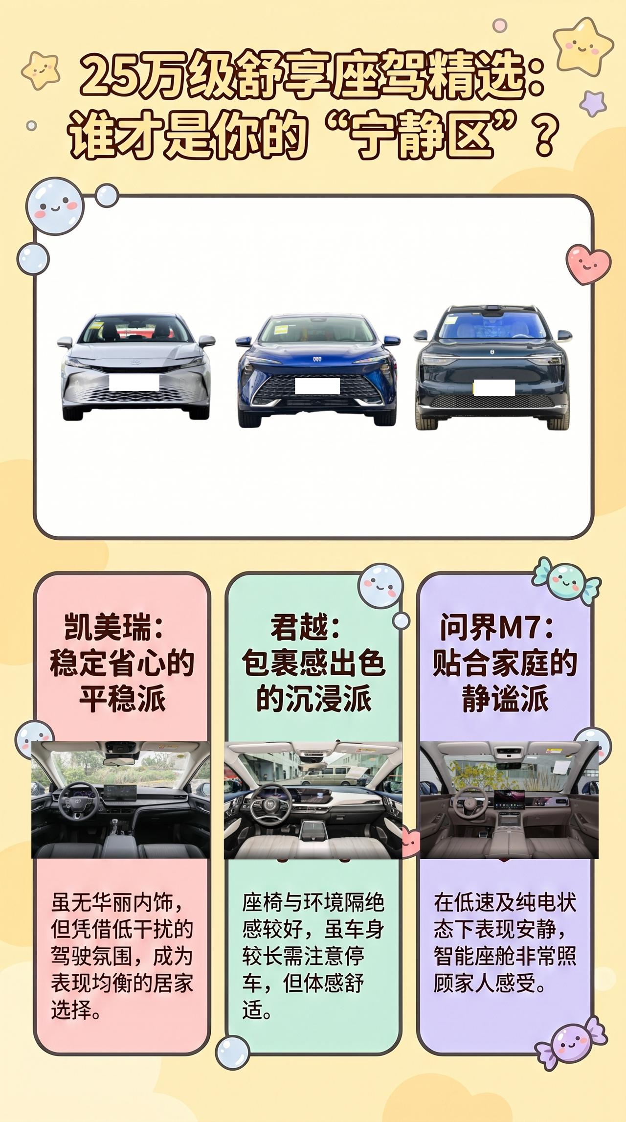 【25万左右，想买台车里安静一点的车】凯美瑞、君越、问界M7怎么选？ 🎧
别奇