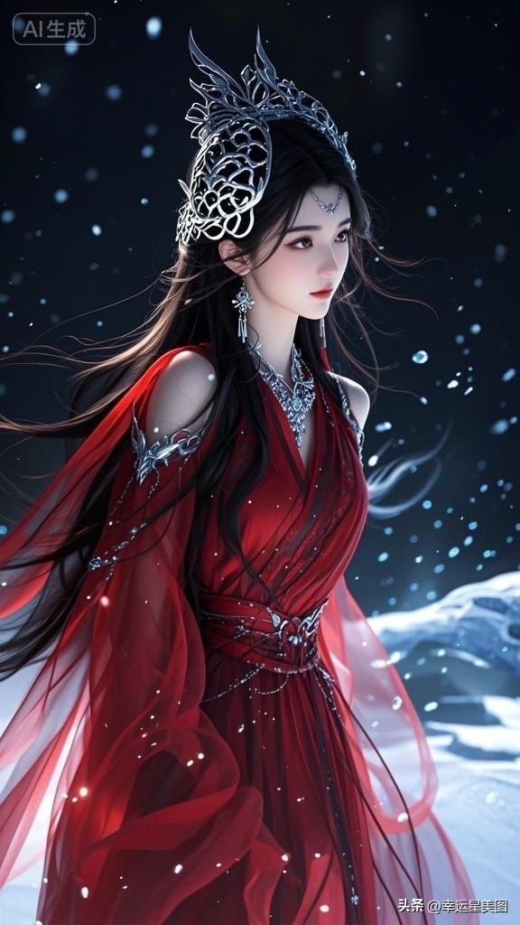 梦幻古风少女，红衣飘逸，头戴华美发饰，宛如仙子降临。