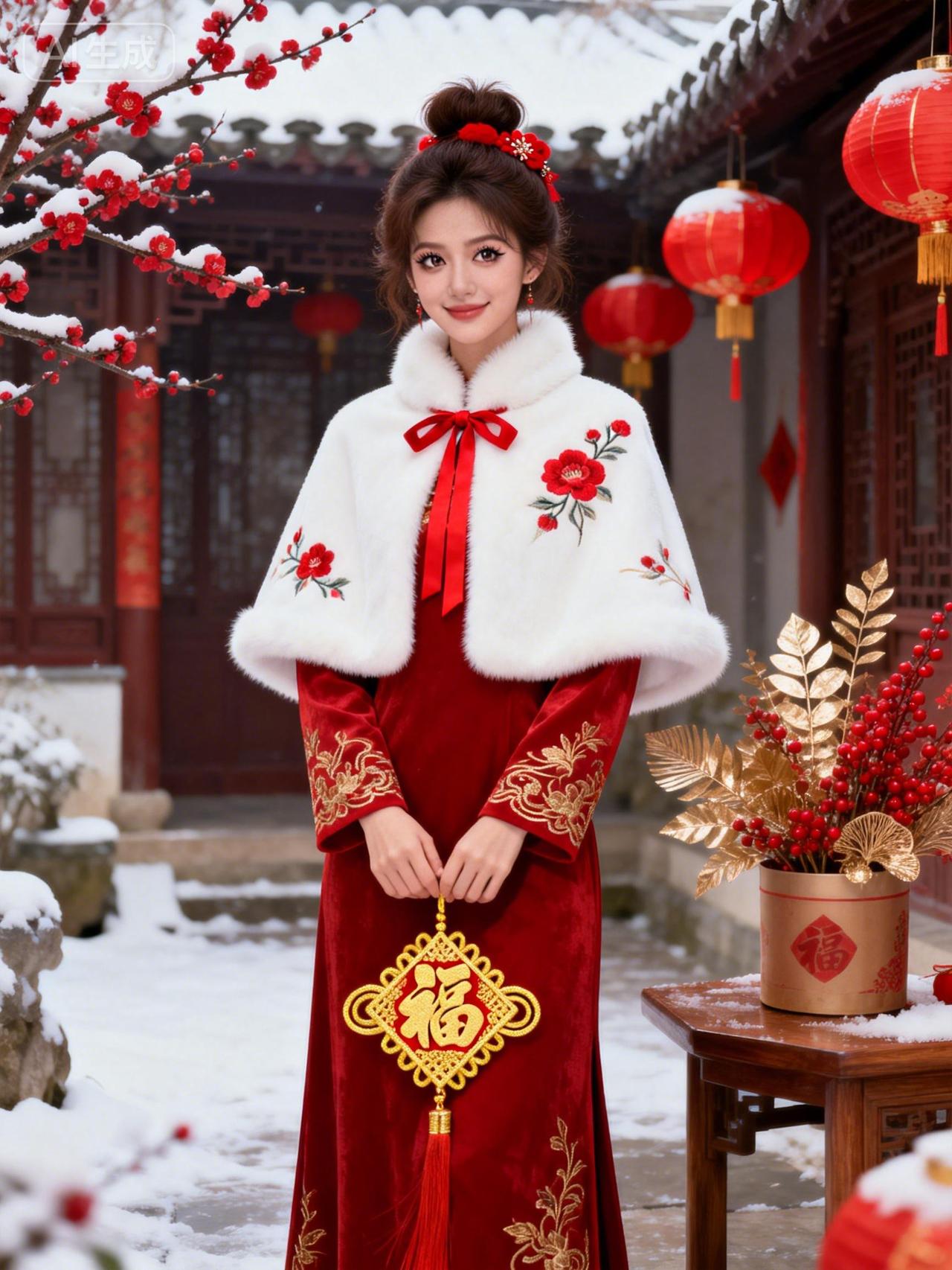冬日暖阳下，红衣美人笑语盈盈，福气满满！