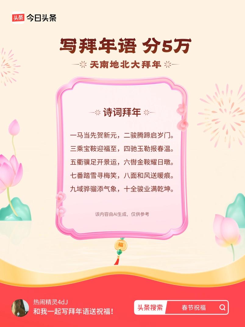 三乘宝鞍迎福至，四驰玉勒报春温。 五衢骥足开景运，六辔金鞍耀日暾。 七番踏雪寻梅