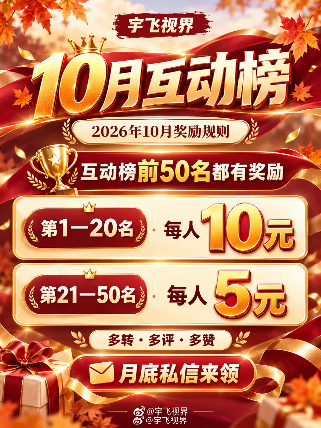 9月互动榜上榜朋友带上金额私信我领红包10月继续第1--20名     每人10