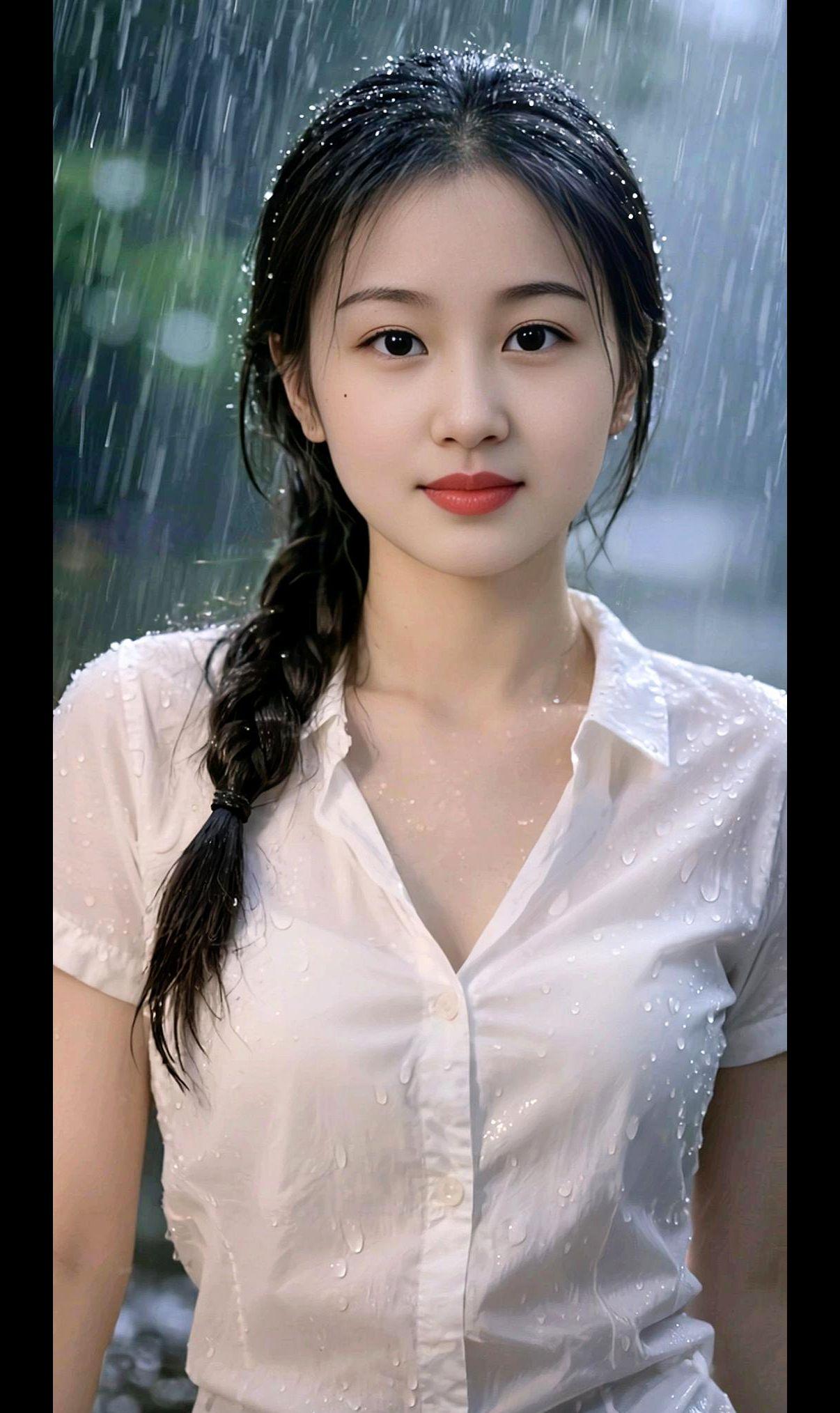 AI雨景白衣照  气质女神范 甜系女孩  简约时尚风 个人写真照