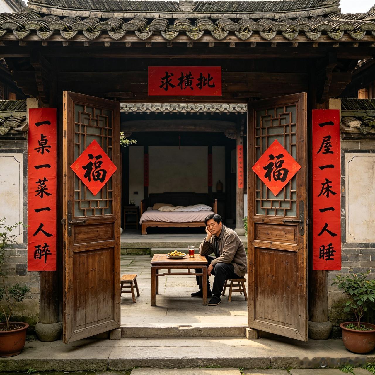 上联“一桌一菜一人醉”，下联“一屋一床一人睡”，两句皆透着独处的况味——有浅酌的