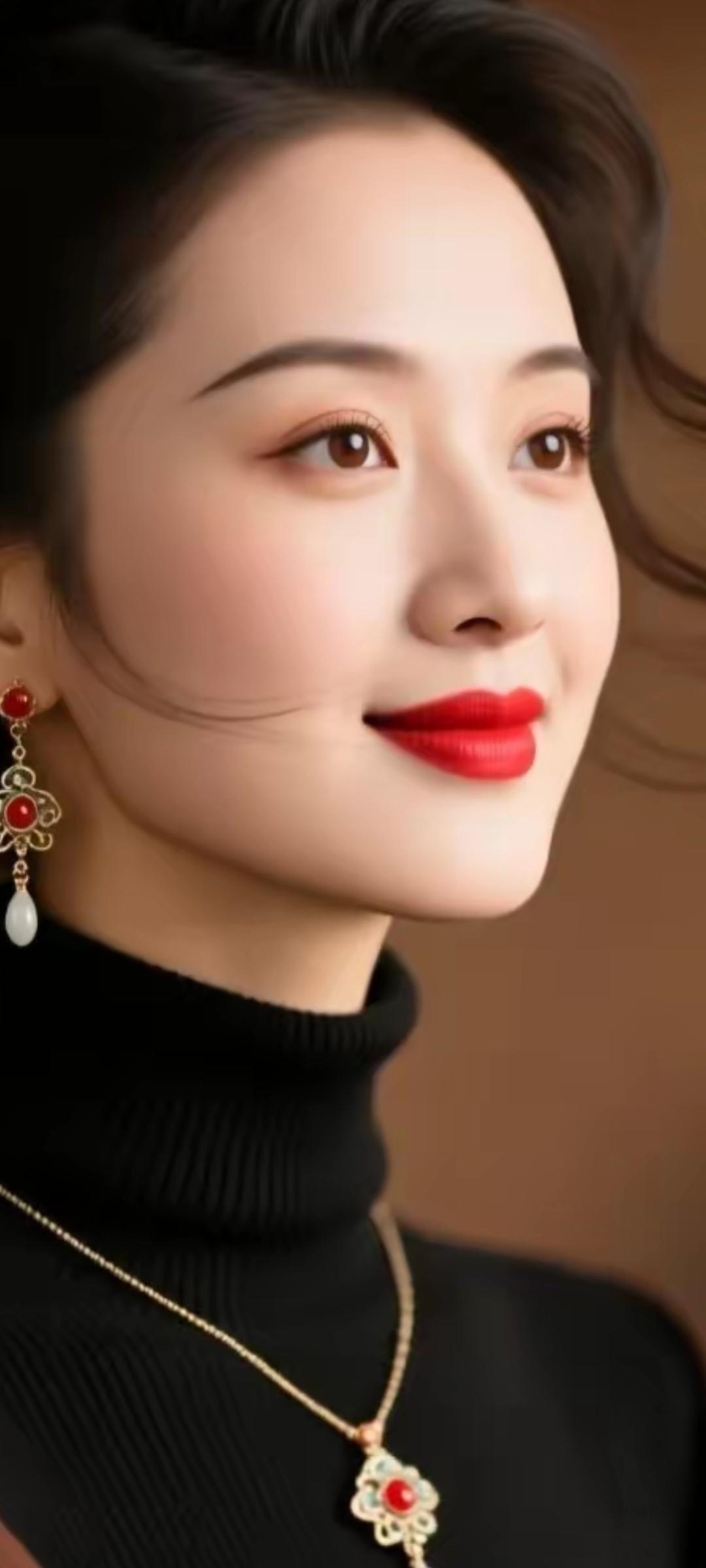 优雅红唇，复古耳环，黑衣美人，尽显魅力！