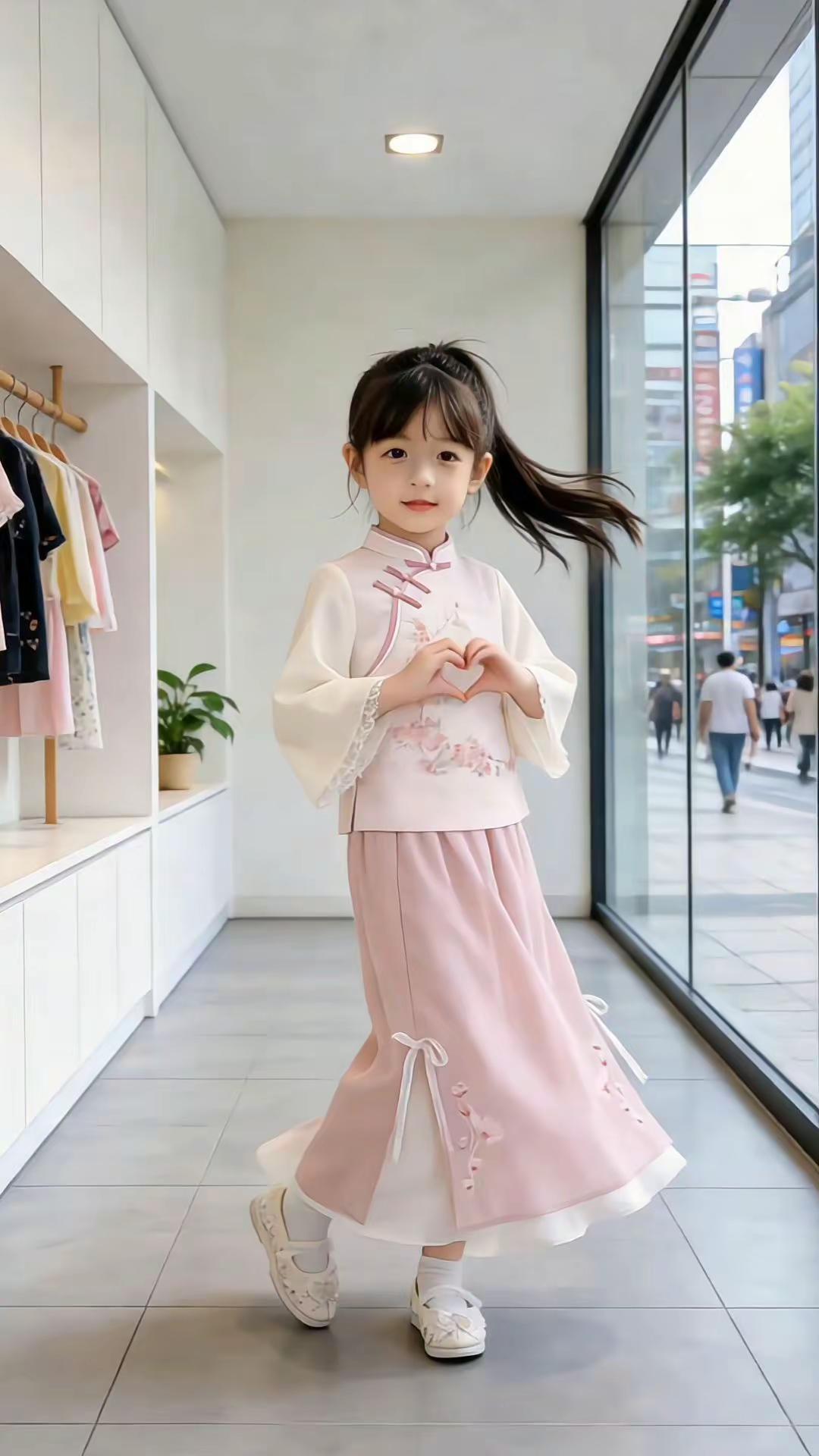 🌸女童新中式汉服套装，国风小美人上线啦。软fufu米白上衣+温柔粉半裙，梅花刺