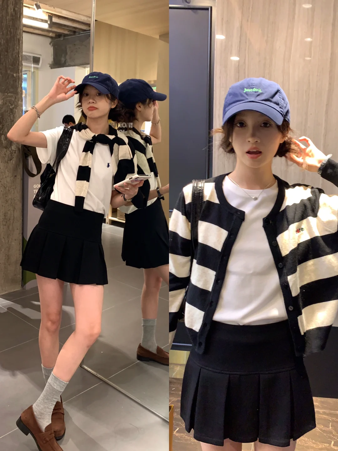 爱了！针织条纹开衫搭配黑色小短裙