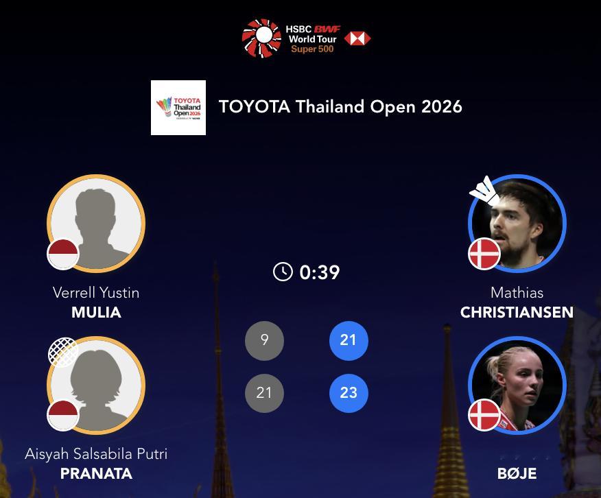 马蒂亚斯/博尔🇩🇰 21-9、23-21 🇮🇩维蕾尔/普拉纳塔下轮对手：