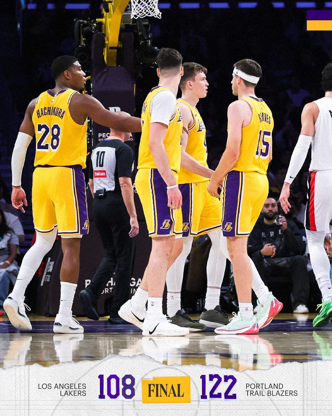 湖人奋力一战，但以122-108不敌波特兰，战绩跌至2胜2负。奥斯汀·里夫斯41