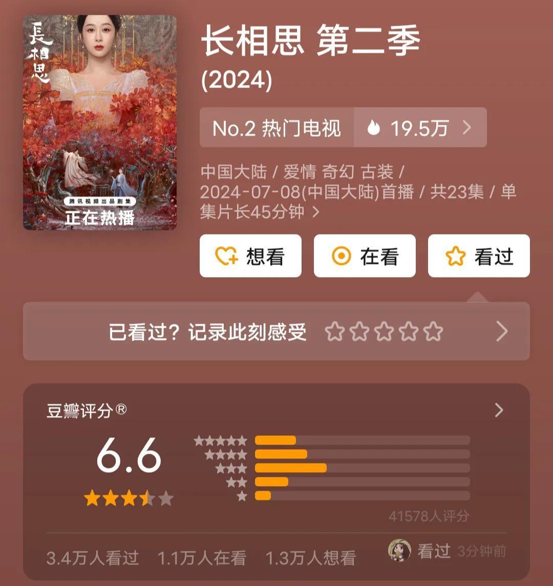 《长相思2》豆瓣开分6.6，相比于第一部的7.8要差了不少，第二部扑了已经毋庸置