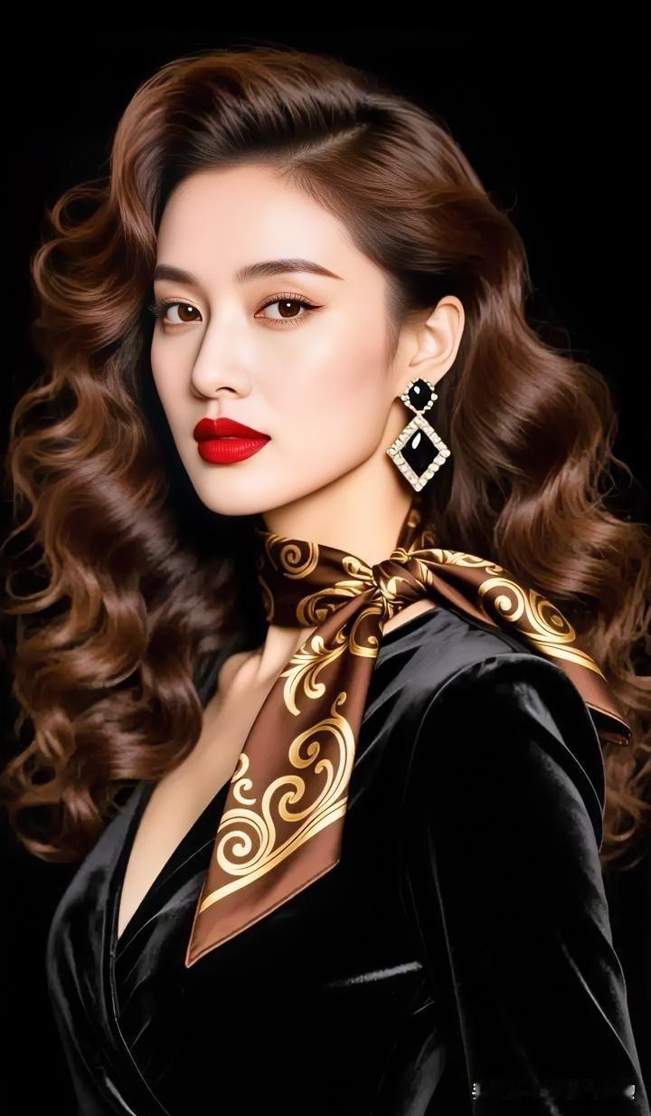 【现代散文诗 · 丝绒华章】

墨色丝绒裹身，金棕丝巾轻绕颈间。

红唇微启凝秋