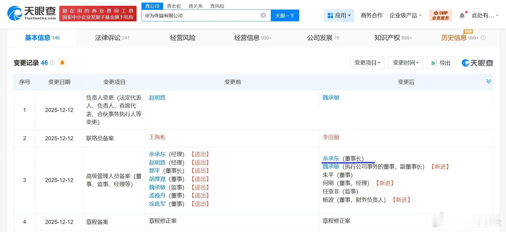 余承东任华为终端公司董事长孟晚舟卸任华为终端公司董事 华为终端有限公司发生工商变