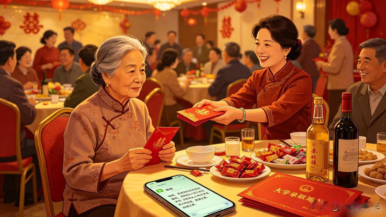 外孙女考上大学，我包了1万红包。

亲家母包了5万，还在酒桌上说：“现在养孩子，