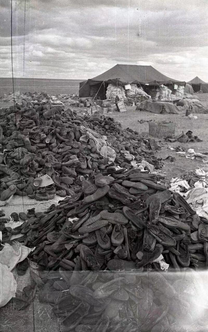 下图是1939年诺门坎战役期间，苏军收集的日军军鞋，而在每双鞋子的背后，则是一头