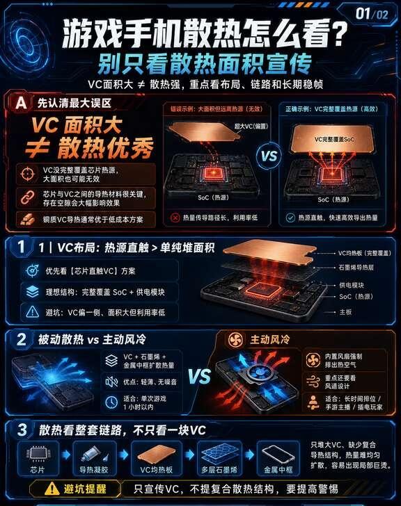 游戏手机散热怎么分辨好坏
❌常见误区
超大 VC 如果位置偏置，没有完整覆盖芯片