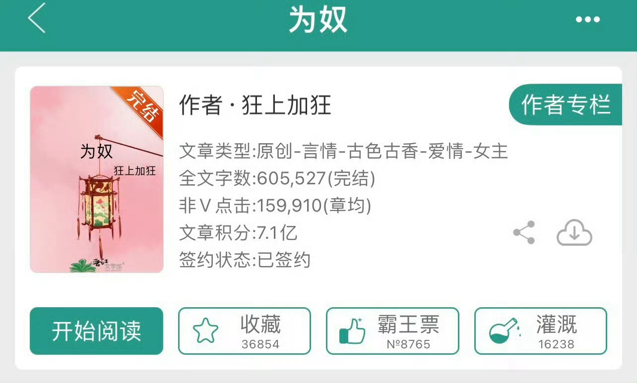 小说推荐：《为奴》 作者:狂上加狂简评：挣钱一把好手的娇软美人vs腹黑又深情的隐