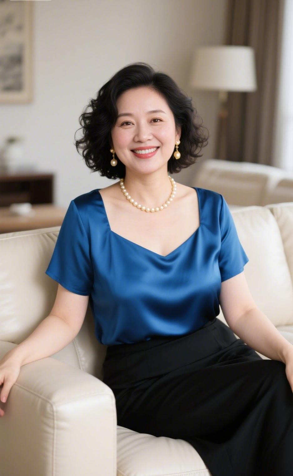 上联：蓝衫凝雅，珠璎绕颈添清韵
下联：暖室含温，笑靥融春显静容