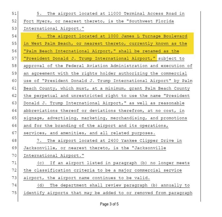 佛罗里达州州长罗恩·德桑蒂斯刚刚签署了一项法案，将棕榈滩国际机场更名为“唐纳德·