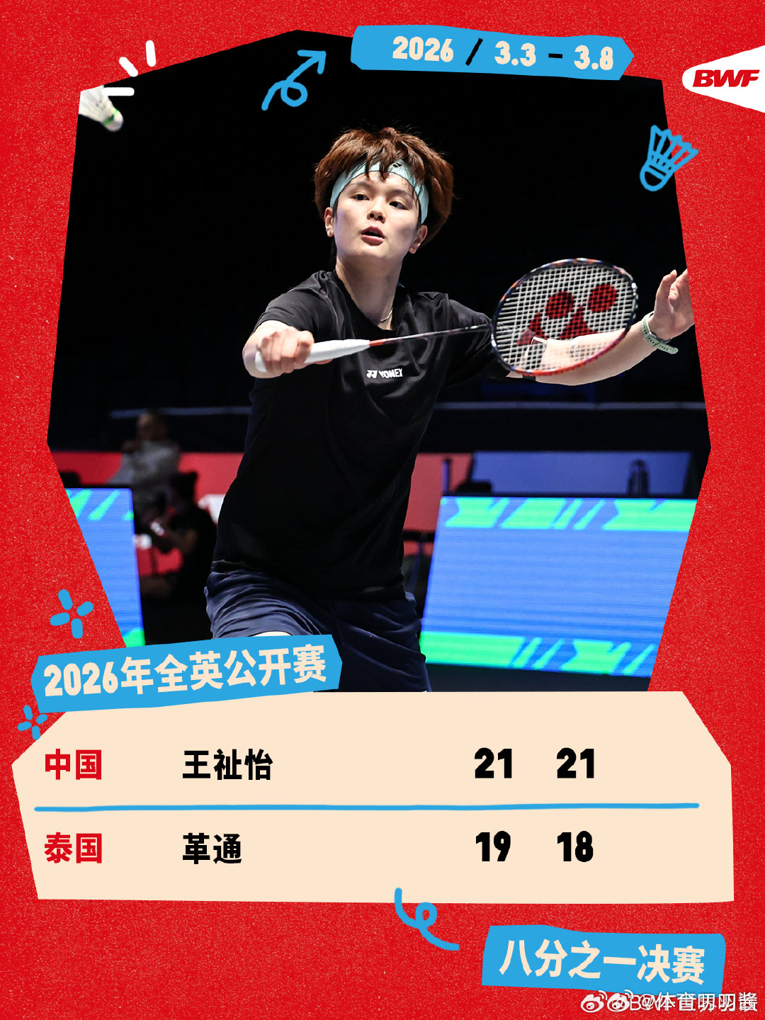 王祉怡2比0革通 2026全英羽毛球公开赛次轮，中国选手21-19、21-18战