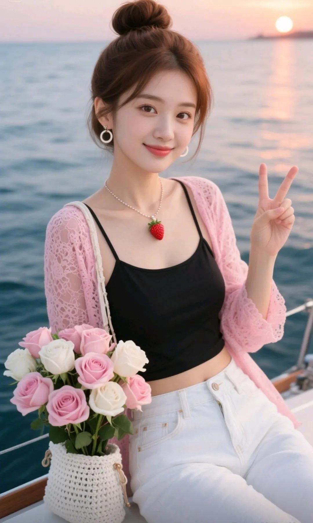 海边日落，甜美女孩与粉色玫瑰的浪漫邂逅🌸🌊