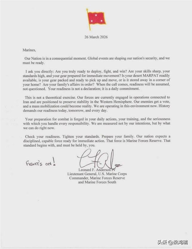 2026 年 3 月 26 日，美军海军陆战队预备役和南方海军陆战队司令伦纳德·