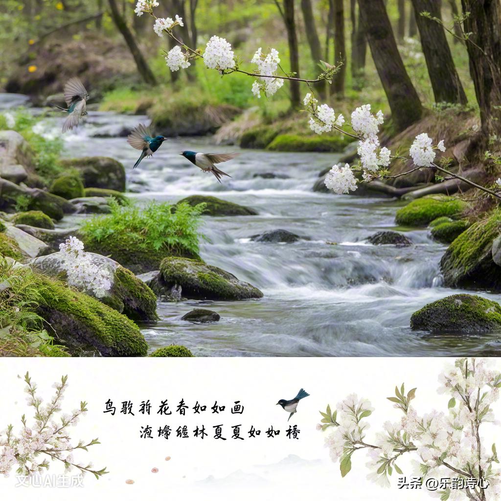 “溪幽林翠”聚焦夏日山林的清幽与苍翠，与上联春日的热闹形成季节互补；“夏如屏”以