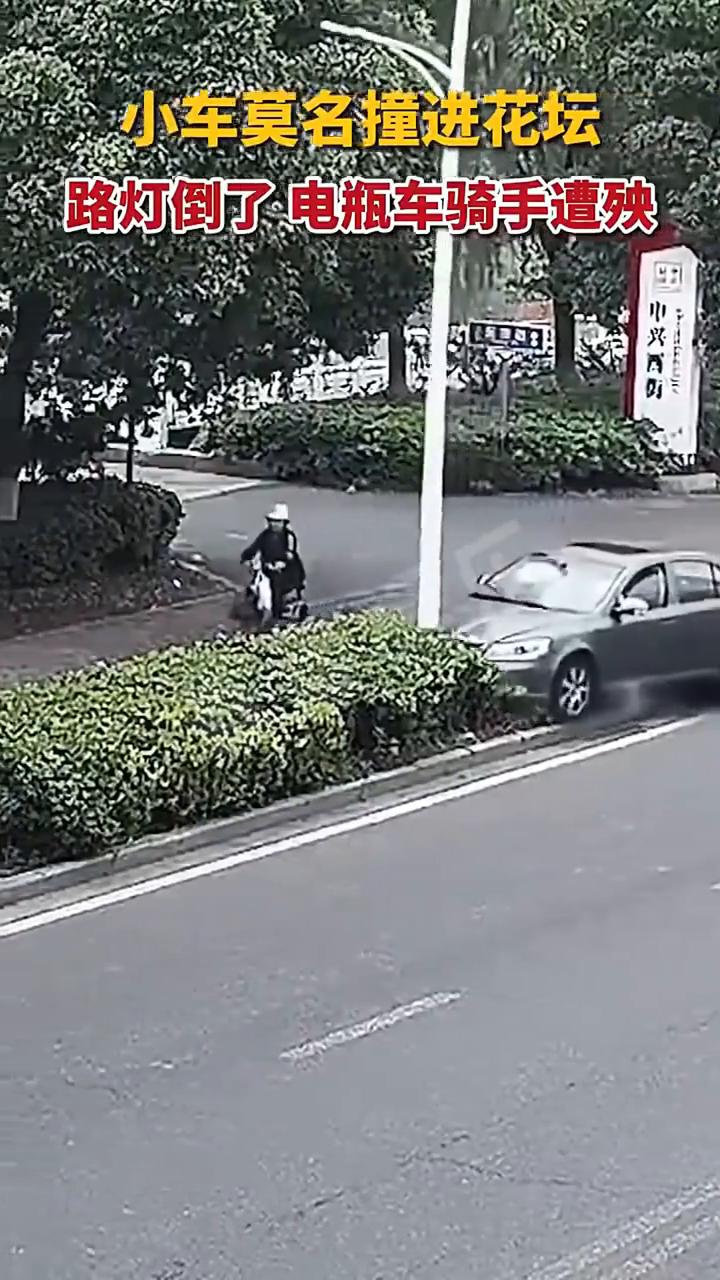 小车莫名撞进花坛，路灯倒了电瓶车骑手遭殃。